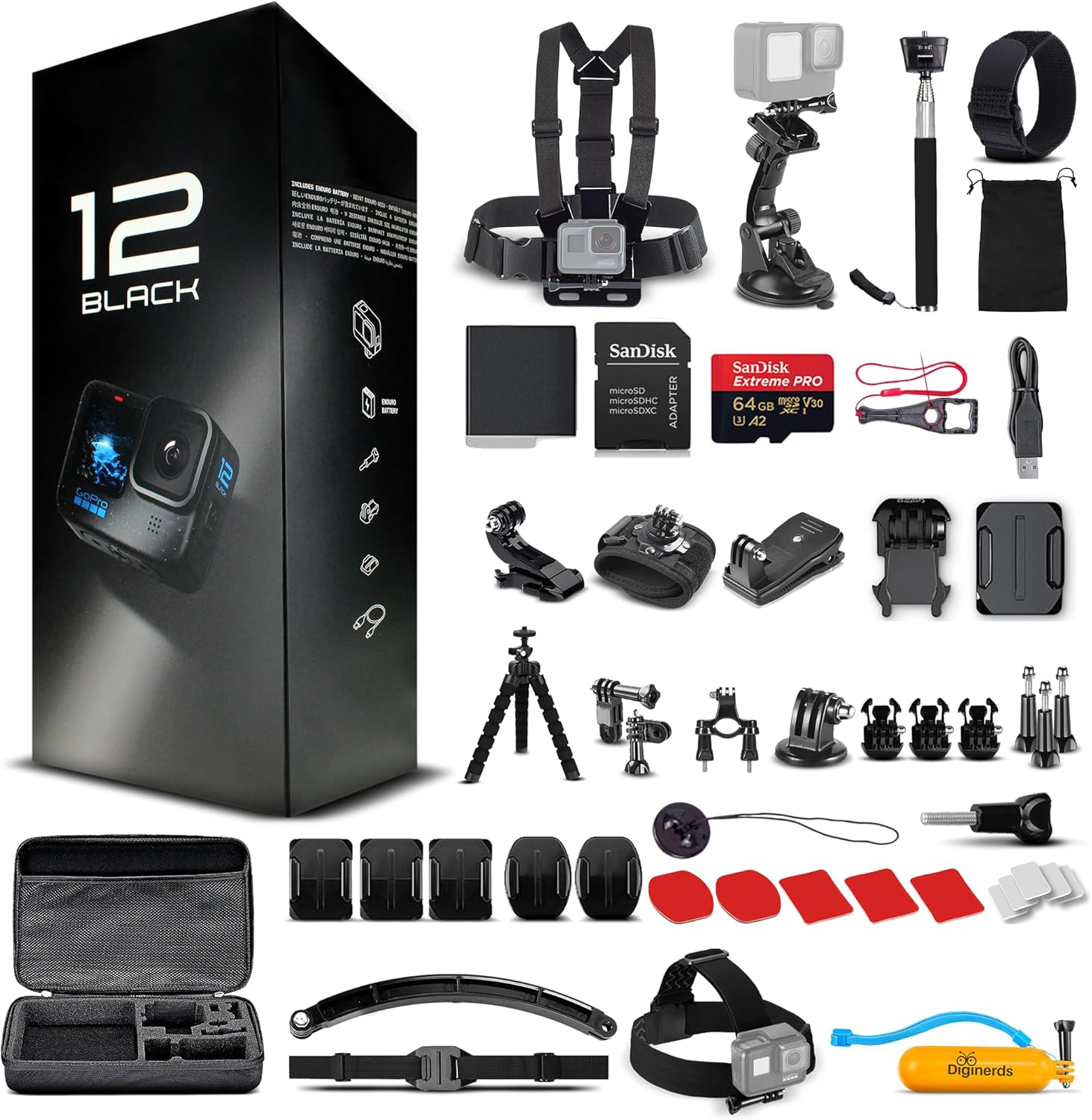 GoPro HERO12 (Hero 12) Black - Waterproof Action Camera with 5.3K HDR Video 27MP Photos 1/1.9" Image Sensor Live Streaming Webcam Stabilization + 64GB Card & 50 Piece Accessory Kit - Bundle
