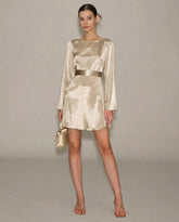 Apricot Boat Neck Satin A-Line Mini Dress