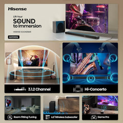 Hisense AX3120Q 3.1.2Ch Sound Bar with Wireless Subwoofer Dolby Atmos DTS:X Bluetooth 5.3 Roku TV Ready HDMI/AUX/ARC/Optical/USB EzPlay 3.0 7 EQ Modes Hi Concerto Black