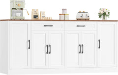 71” Large Buffet Cabinet with Storage, Sideboard Buffet Cabinet with Adjustable Shelves and 6 Soft-Close Doors, Wood Coffee Bar Console Table for Kitchen, Dining Room, White