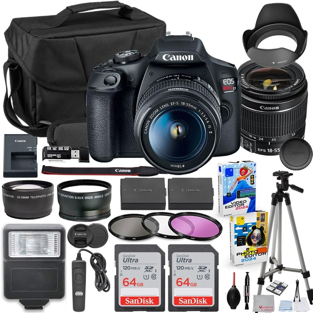 Canon EOS Rebel T7 DSLR Camera with 18-55mm Lens Bundle with Extra Canon Battery + 2X 64GB Memory Cards + Accessory Kit Including Bag Flash Remote Aux Lenses Software & More