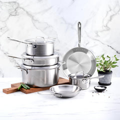 All-Clad D5® Stainless Steel Core 10 Piece Cookware Set- Made in USA- The Upgrade for Supremely Even Heat- Includes Frying Pans, Saucepan, Sautépan, Stockpot -Oven Safe & Induction Compatible
