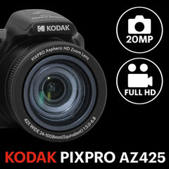 Kodak PIXPRO AZ425-BK 20MP Digital Camera 42X Zoom 24mm Wide Angle Lens Image Stabilization 1080p Full HD Video 3" LCD Black