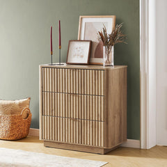 mopio Brooklyn 3 Drawer Dresser for Bedroom, Chest of Drawers, Wood Fluted Dresser Organizer, Modern Farmhouse, Tall Night Stand, Enhanced Safety, Sturdy Compliant (Oak)