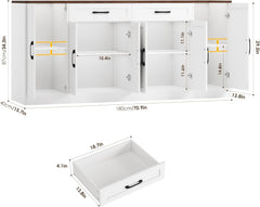 71” Large Buffet Cabinet with Storage, Sideboard Buffet Cabinet with Adjustable Shelves and 6 Soft-Close Doors, Wood Coffee Bar Console Table for Kitchen, Dining Room, White