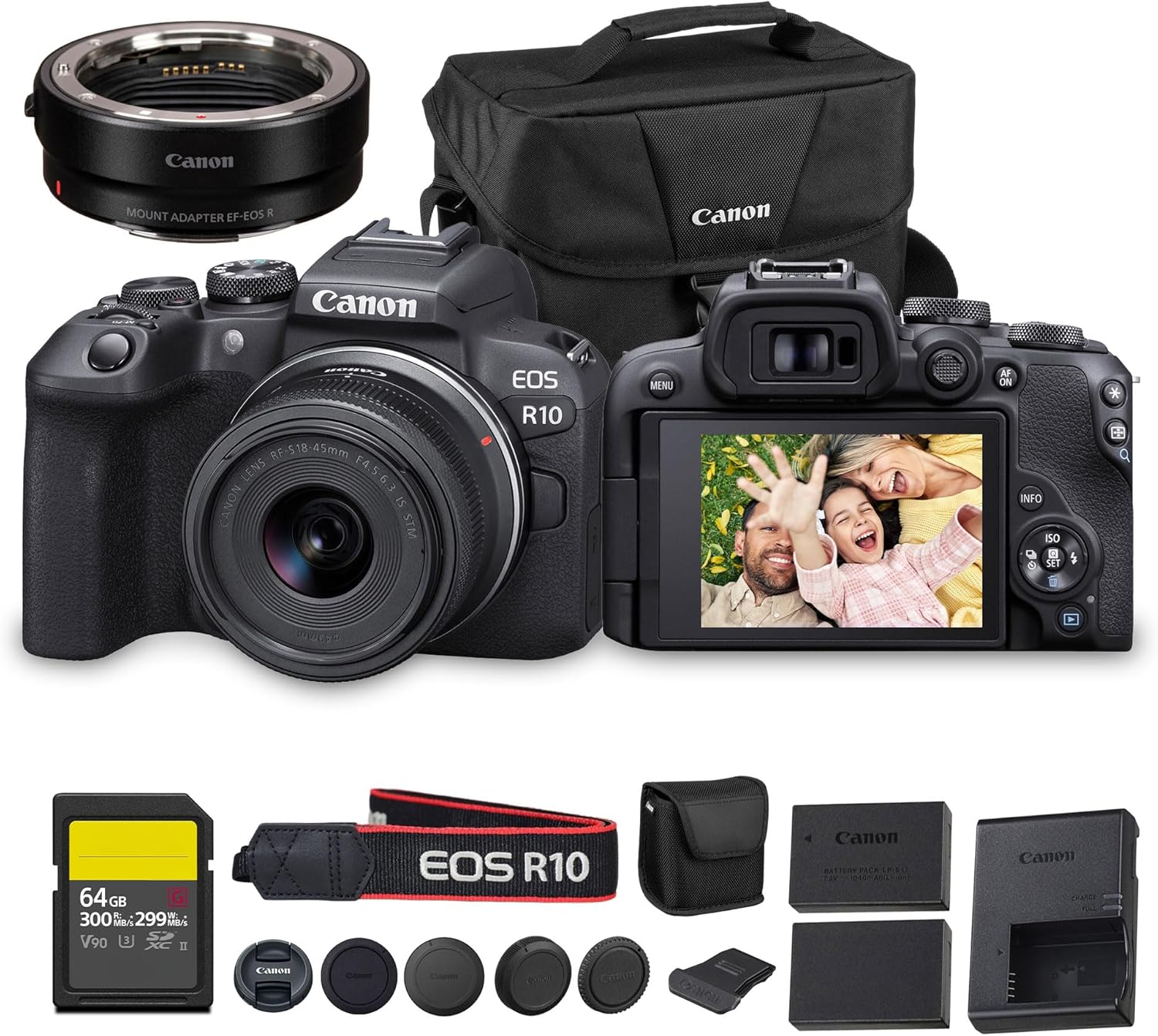 Canon EOS R10 Mirrorless Camera Kit with RF-S 18-45mm Lens | 24.2MP APS-C 4K Video Perfect for Beginner Photographers & Vloggers (5331C009) + Adapter EF-EOS R + 64GB Card + LP-E17 Battery + Bag