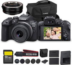 Canon EOS R10 Mirrorless Camera Kit with RF-S 18-45mm Lens | 24.2MP APS-C 4K Video Perfect for Beginner Photographers & Vloggers (5331C009) + Adapter EF-EOS R + 64GB Card + LP-E17 Battery + Bag