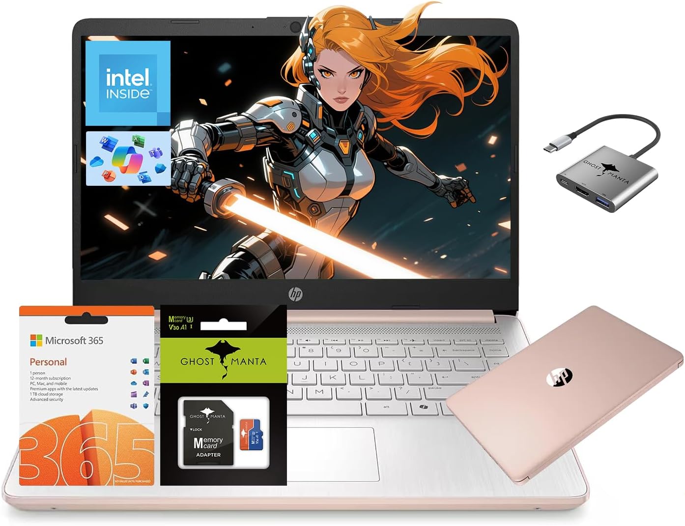 HP 14 Laptop Quad-Core (Beat i3) 16GB RAM 256GB Storage(128GB UFS + 128GB SD Card) 1-Year Office 365 Copilot AI Computer for Student Study Back to School Win11 w/GM Accessory
