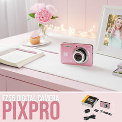 Kodak PixPro Friendly Zoom FZ55 16MP 1080p Full HD Digital Camera (Pastel Pink) Bundle with 128GB SD Card Battery (2-Pack) and Travel Organizer (4 Items)