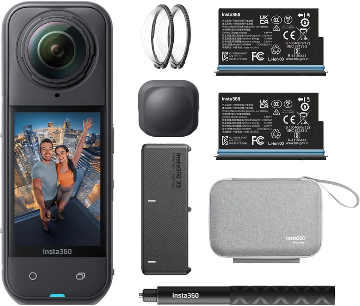 Insta360 X5 Essentials Bundle-8K Waterproof 360 Action Camera|Bundle Includes Selfie Stick Extra Battery Utility Fast Charge Case Standard Lens Guards Lens Cap Carry Case