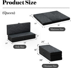 Tri Folding Mattress Queen Size - Foldable Mattress Trifold Memory Foam Mat with Washable Cover, Handle & Non-Slip Bottom Portable Foldable Floor Sofa Bed for Travel Camping Guest - 6 Inch, 78"x58"x6"