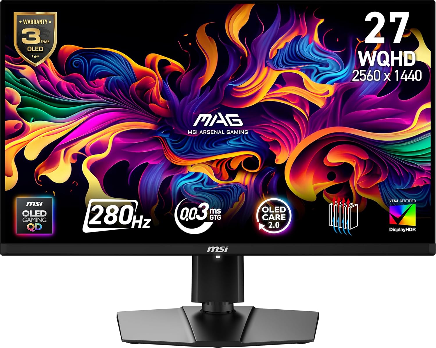 msi MAG 271QP QD-OLED X28 27-inch 2560 x 1440 (QHD) Gaming Monitor 280Hz Adaptive-Sync HDR Ready HDMI VGA Port VESA Mountable Tilt 4-Side Slim Bezel 0.03ms Black