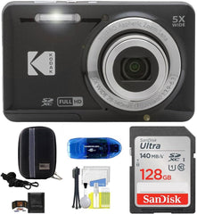 Kodak Pixpro FZ55 Digital Camera (Black) Bundle Includes: SanDisk 128GB Memory Card Hard Shell Camera Case SD Card Reader and More (6 Items)