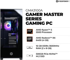 CYBERPOWERPC Gamer Master Gaming PC AMD Ryzen 5 5500 3.6GHz Radeon RX 6400 4GB 16GB DDR4 500GB PCIe Gen4 SSD WiFi Ready & Windows 11 Home (GMA3100A)