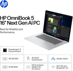 HP OmniBook 5 16 inch Next Gen AI PC 2K Touchscreen Snapdragon X Plus X1P-42-100 16 GB RAM 512 GB SSD Qualcomm Adreno GPU Windows 11 Home Glacier Silver 16-fb0000nr