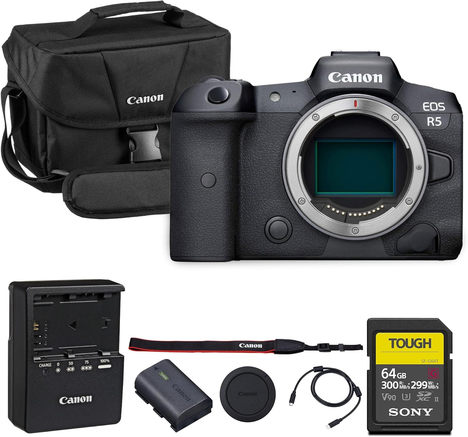 Canon EOS R5 Mirrorless Camera – 45MP Full-Frame RF Camera with 8K Video IBIS Dual Pixel AF II & 20fps Burst Shooting (4147C002) + 64GB Memory Card + Canon Shoulder Bag