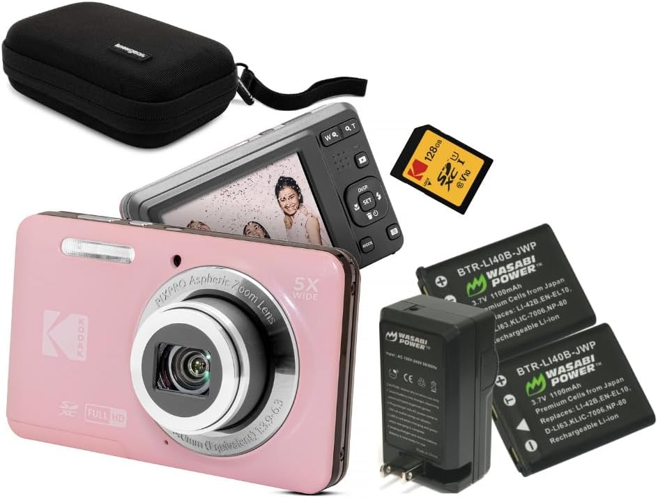 Kodak PixPro Friendly Zoom FZ55 16MP 1080p Full HD Digital Camera (Pastel Pink) Bundle with 128GB SD Card Battery (2-Pack) and Travel Organizer (4 Items)