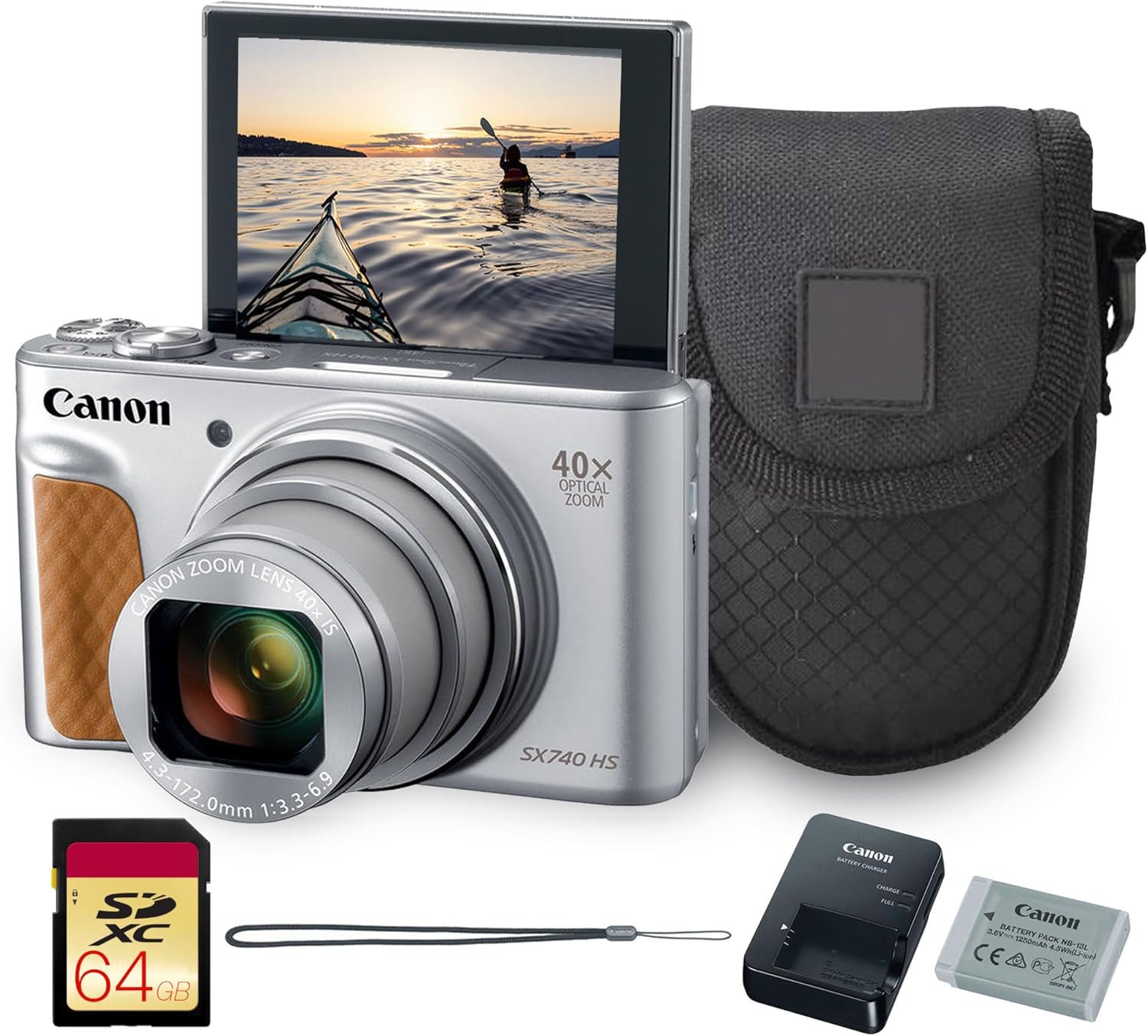 Canon PowerShot SX740 HS Digital Camera (Silver) – 20.3MP 40x Optical Zoom 4K UHD Video Wi-Fi & Bluetooth Compact Travel Point & Shoot (2956C001) + Bag + 64GB Memory Card