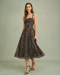 Black Floral Zipper Slip Midi Dress