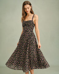 Black Floral Zipper Slip Midi Dress
