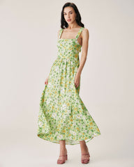 Green Floral Backless Maxi Dress
