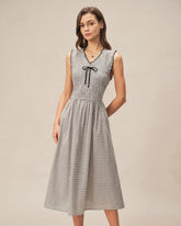 Black V Neck Plaid Midi Dress