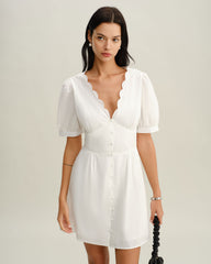 White V-Neck Ruched Mini Dress