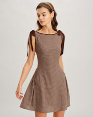 Brown Gingham Tie Strap Mini Dress