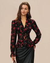 Black Floral V Neck Blouse