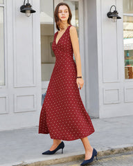 Wine Red Polka Dot Sleeveless Maxi Dress
