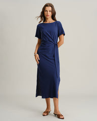Blue Round Neck Short Sleeve Maxi Dress