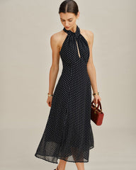 Black Polka Dot Halter Midi Dress