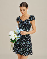 Black V Neck Floral Tunic Mini Dress
