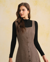 Brown Square Neck Sleeveless Mini Dress