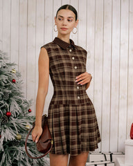 Brown Plaid Pleated Sleeveless Mini Dress