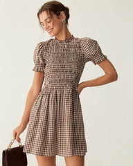 Coffee Gingham Puffed Sleeve Mini Dress