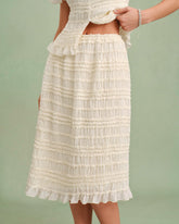 Apricot Elastic Waist Shirred Midi Skirt