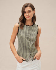 Apricot Boat Neck Plaid Tank Top