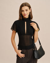 Black See Through V Neck Tee