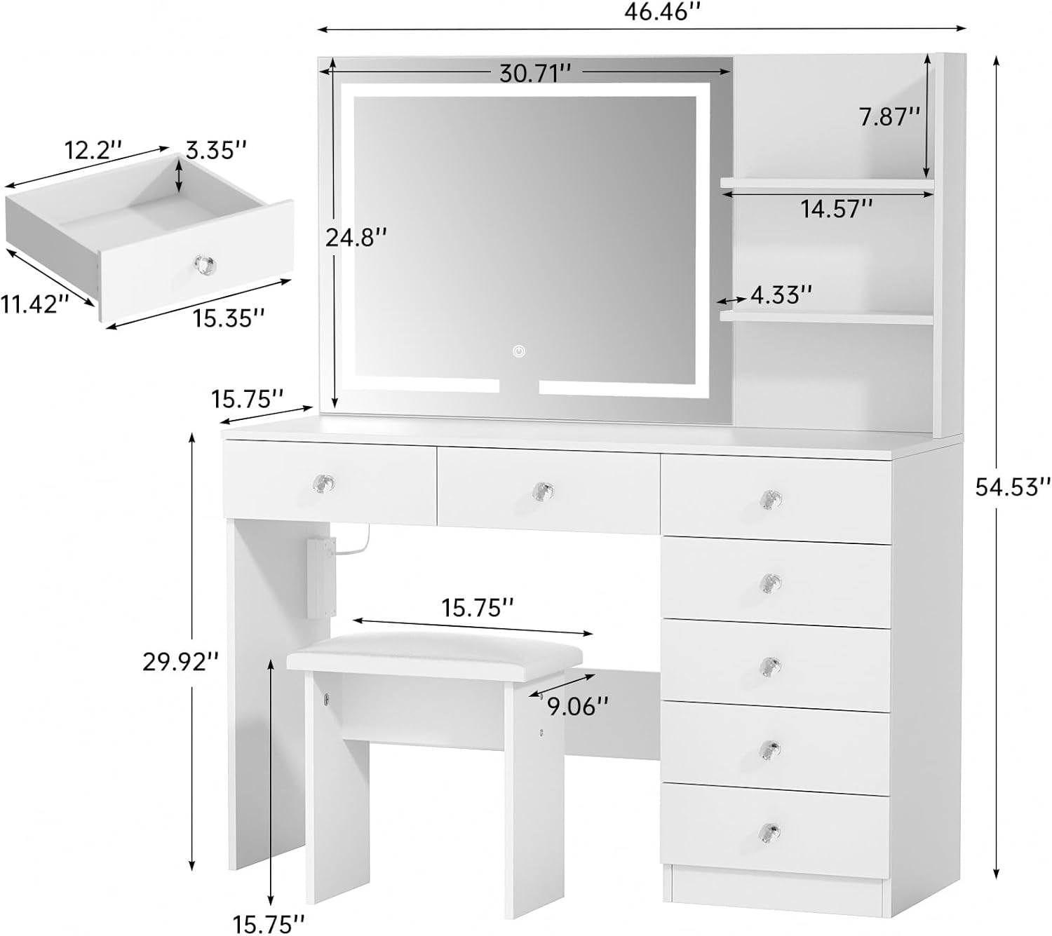 VOWNER Vanity with Lighted Mirror - 47" Makeup Vanity Desk with 7 Drawers, 3 Storage Shelves and Outlet, 3 Color Lighting Modes with Adjustable Brightness, Makeup Desk with Stool for Bedroom (White)