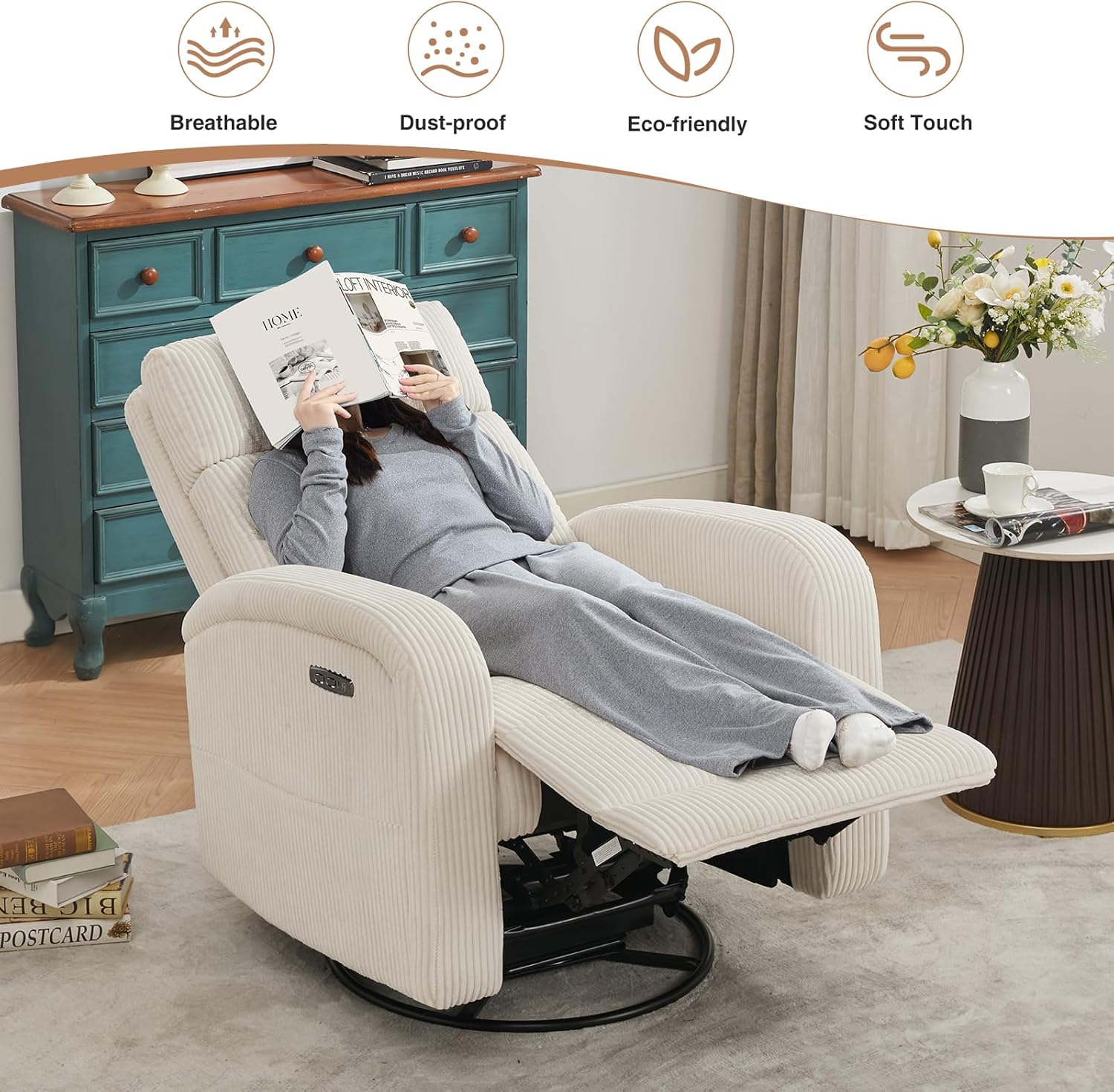 Power Swivel Rocker Recliner Chair for Nursery, Swivel Reclining Rocking Chairs, Electric Swivel Recliner Glider Nursery for Living Room, Upholstered Recliner Chairs for Bedroom, Corduroy White