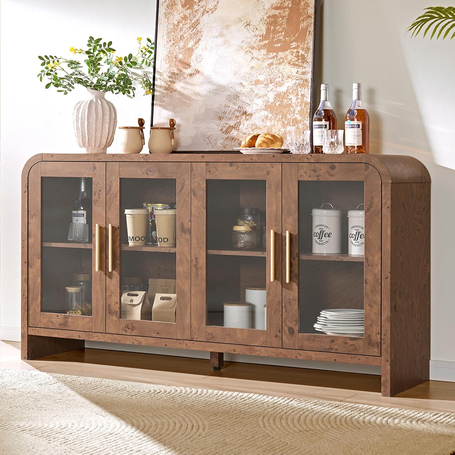 Sideboard Buffet Cabinet Unique Curved Large Credenza Storage Cabinet with 4 Glass Doors, FSC-Certified Wooden Board Console Cabinet, Kitchen Coffee Bar Cabinet for Living Room, Hallway
