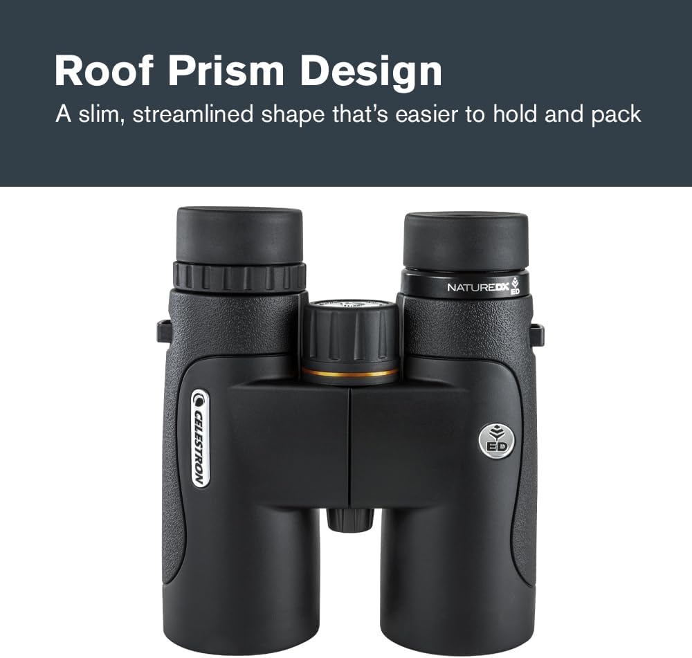 Celestron–Nature DX ED 10x42 Premium Binoculars –Extra-Low Dispersion Objective Lenses –Outdoor and Birding Binocular–Fully Multi-Coated with BaK-4 Prisms–Rubber Armored – Fog & Waterproof Binoculars