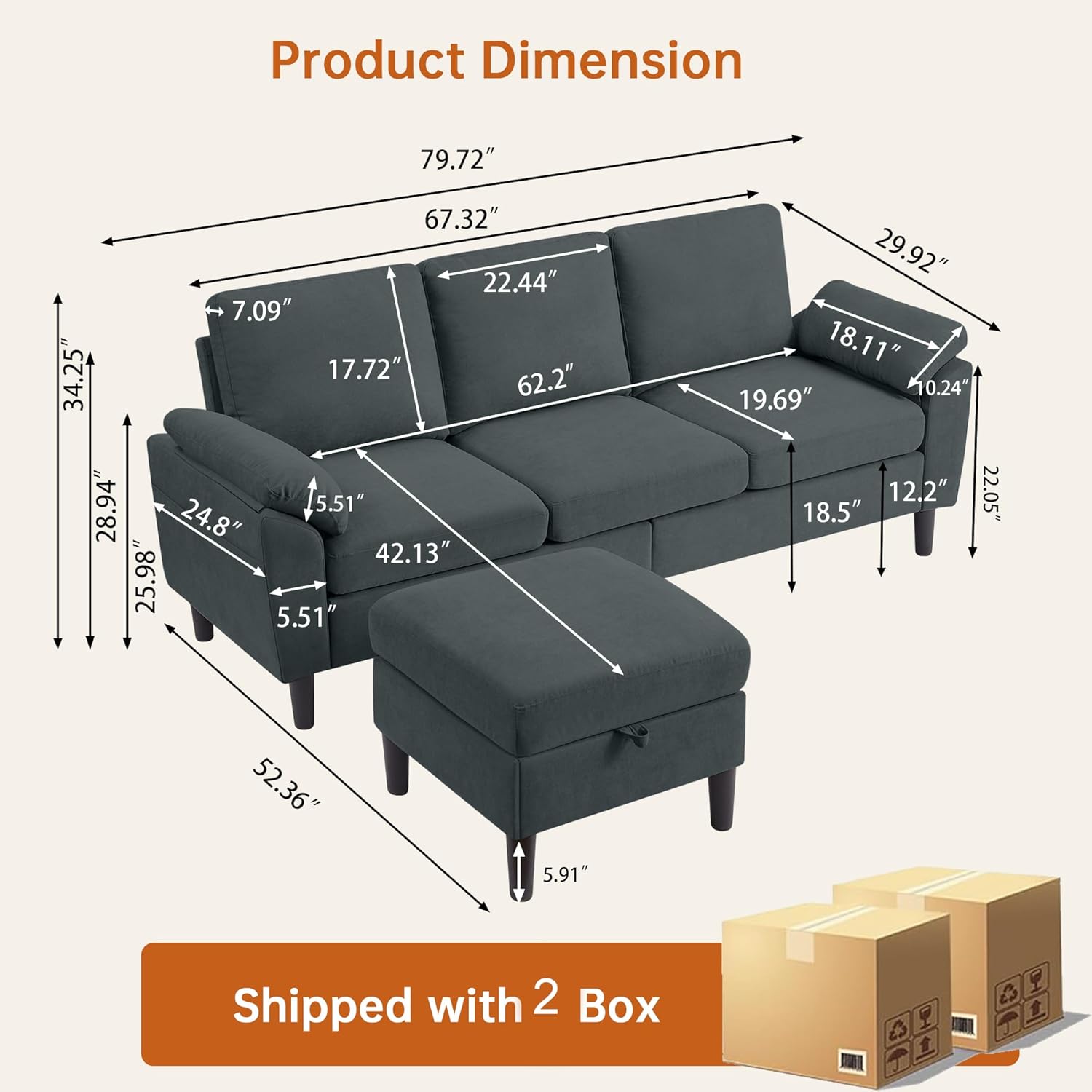 Convertible Sectional Sofa, Modern L Shaped 3-seat Sofa, 79" Linen Fabric Small Sectional Couch with Movable Ottoman, Couch for Small Spaces Living Room (Dark Grey)