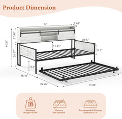 Twin Daybed with Trundle Bed, Rustic Farmhouse Daybed Frame with Sliding Barn Door Headboard LED Lights and Charging Station, Heavy Duty Metal Daybed for Guest Room Living Room Bedroom White