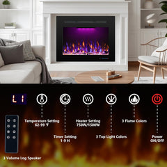 Electric Fireplace Inserts with 3 Flame & Top Light Color, Recessed Fireplace Heater with Thermostat, 750/1500W, Crackling Sound, Logs & Crystals, Timer, 32.2" W x 19.6" H Rear