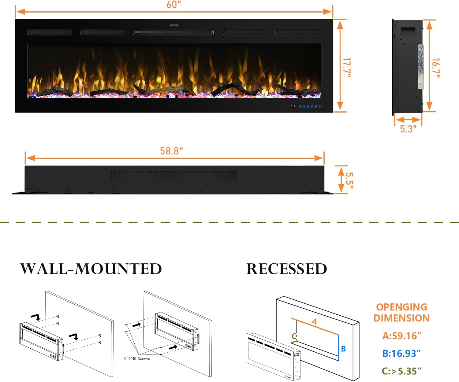 60" Smart WiFi Electric Fireplace Insert, 13 Flame & Fuel Bed with Automatic Cycle, Fireplace Heater with APP Control & Thermostat, Timer, Recessed and Wall Mounted
