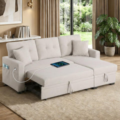 82" L Shaped Sleeper Sofa Bed: Sectional Sleeper Couch with Pull Out Bed, Storage Chaise, USB Charging, 3 Seat Sectional Sofa Bed with Throw Pillow for Living Room (Linen Fabric, Beige)