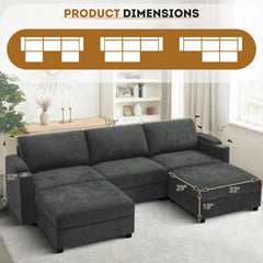 108'' Chenille Sectional Couch with Storage Armrests,U Shaped Upholstered Sofa with 2 Movable Ottomans, 5-Seat Modular Couch with Cup Holders for Living Room, Grey