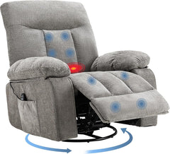 DUMOS Rocker Recliner Chair, Swivel Recliner with Vibration Massage & Lumbar Heating, 270° Rotating Chenille Fabric Recliner with footrest for Living Room & Bedroom, Grey